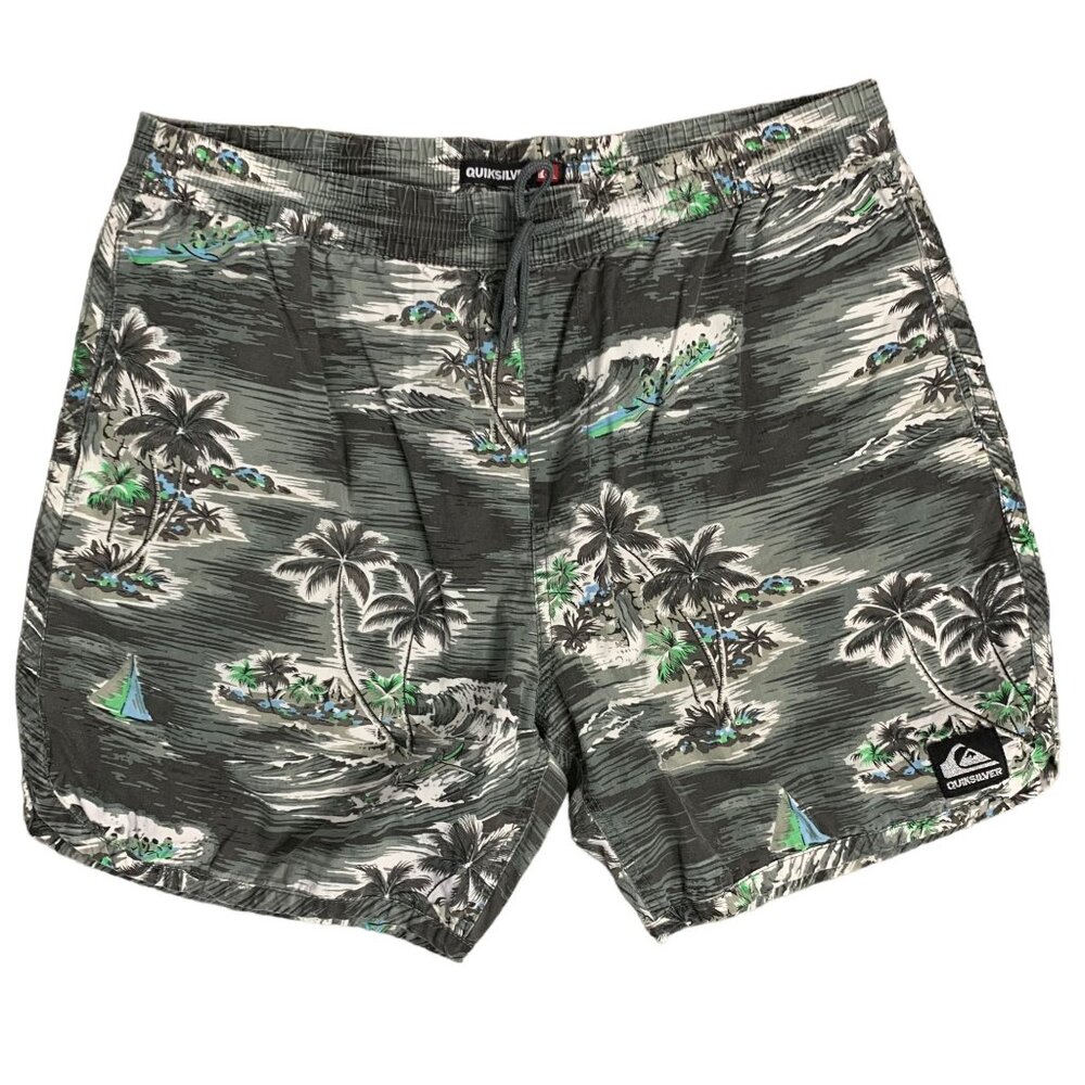 Quiksilver Elastic Waist Board Shorts L Grey Hawaiian Floral Pockets Drawstring